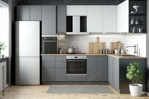 With a hardwood floor, gray cabinets and worktops, and an oven, this contemporary white and wooden kitchen area looks great. a mockup. Generative AI