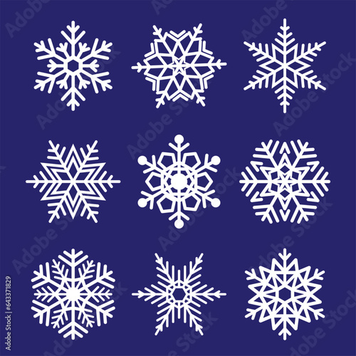 Christmas illustration flat vector in cartoon style. Set of white snowflakes icon isolated on dark blue background. Merry Christmas. For Christmas cards, banners, tag, labels, background.