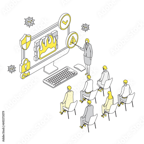 アイソメトリック_パソコンのセキュリティの講習を受ける人々_シンプル