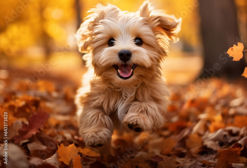 Joyful Canine Celebration, Playful Pup Dashes through Vibrant Autumn Foliage, Emanating Vibrant Fall and Halloween Vibes! © NE97