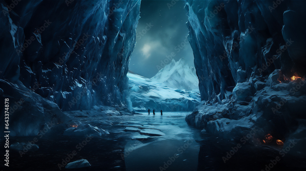 a scenic view from ice cave in north pole, clear river in the cave, lake and sky with strars and aurora at the outside, polar bear at the lake, reflection, dramatic light and shadows, hyper realistic 