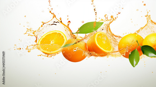 orange fruits droped into orange juice and make a huge splash curve, green leaves, full of orange juice splash in close up, isolated white::3 background, random curve, hyper realistic, beautiful dream © Maizal