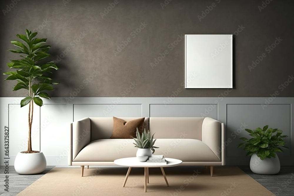 Mockup of the empty area above the sofa on a brown wall in a living room with a parquet floor and a gray carpet. No individuals are present, just a plant in a pot and dishes on a coffee table Mockup of the empty area above the sofa on a brown wall in a living room with a parquet floor and a gray carpet. No individuals are present, just a plant in a pot and dishes on a coffee table