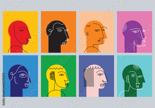 Set of various abstract human face portraits geometric, decorative and shapes vector illustration.