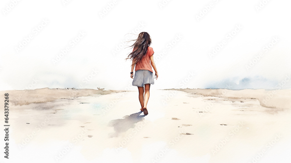 裸足で荒野を歩く少女の後ろ姿の水彩イラスト