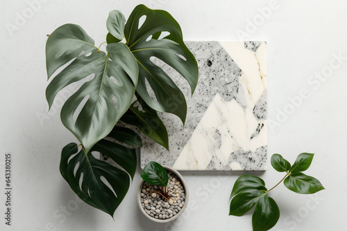 Modern houseplants on terrazzo board on white background, minimal creative home decor concept, top view with copy space, hastatum. Generative AI photo