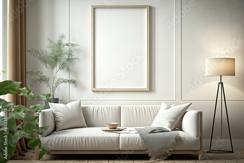 Mock-up of a poster frame with a beige living room décor as the background. Generative AI