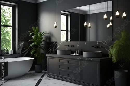 Modern gray bathroom with black furniture, bathtub, sink, and mirror. Generative AI