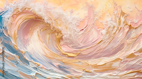 ピンクと金色と水色の波の抽象画