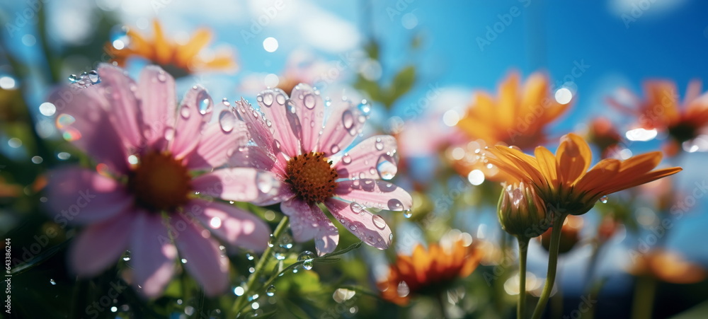 morning summer flowers colorful garden flowers on sunrise with dew water drops