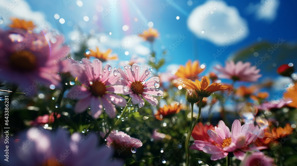 morning summer flowers colorful garden flowers on sunrise with dew water drops