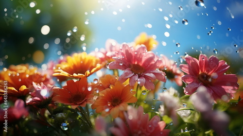 morning summer flowers colorful garden flowers on sunrise with dew water drops © Aleksandr
