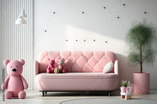 Interior of a white child s room with a pink sofa and copy space. Generative AI