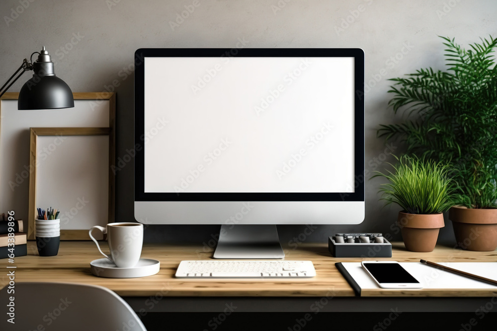 A contemporary, cozy office with a laptop with an open, blank screen, a mock-up frame, and office supplies with decorations. Generative AI A contemporary, cozy office with a laptop with an open, blank screen, a mock-up frame, and office supplies with decorations. Generative AI