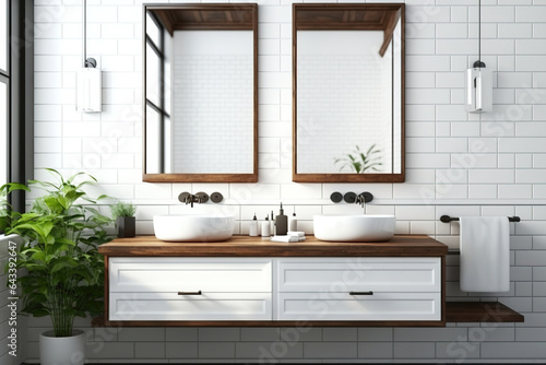 Loft bathroom with white walls  wooden double sink  and small horizontal mirror above. Generative AI