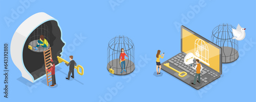 3D Isometric Flat Vector Conceptual Illustration of Mind Prison