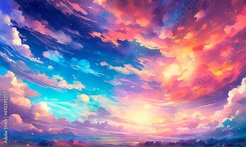 Colorful sky and clouds during sunset in anime style. Bright fantasy skyscape.