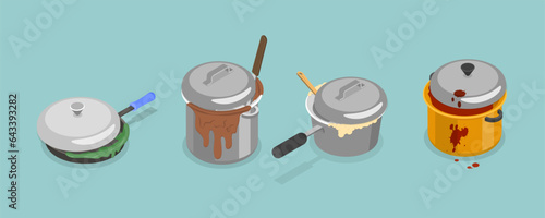 3D Isometric Flat Vector Set of Dirty Pots