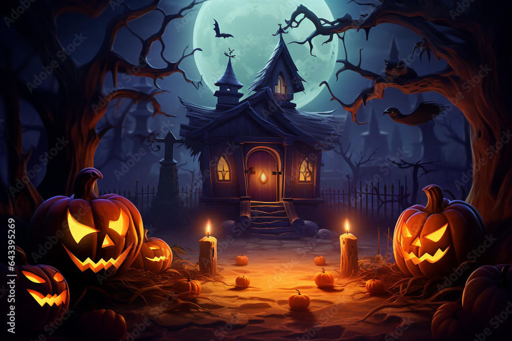 Spooky Halloween background with pumpkins, haunted house and bats with ...