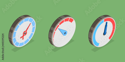 3D Isometric Flat Vector Set of Meter Set, Gauges, Dashboards or Indicators