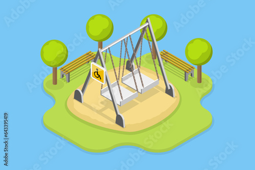 3D Isometric Flat Vector Conceptual Illustration of Playground For Disabled Kids, Outdoor Games for Children with Disabilities
