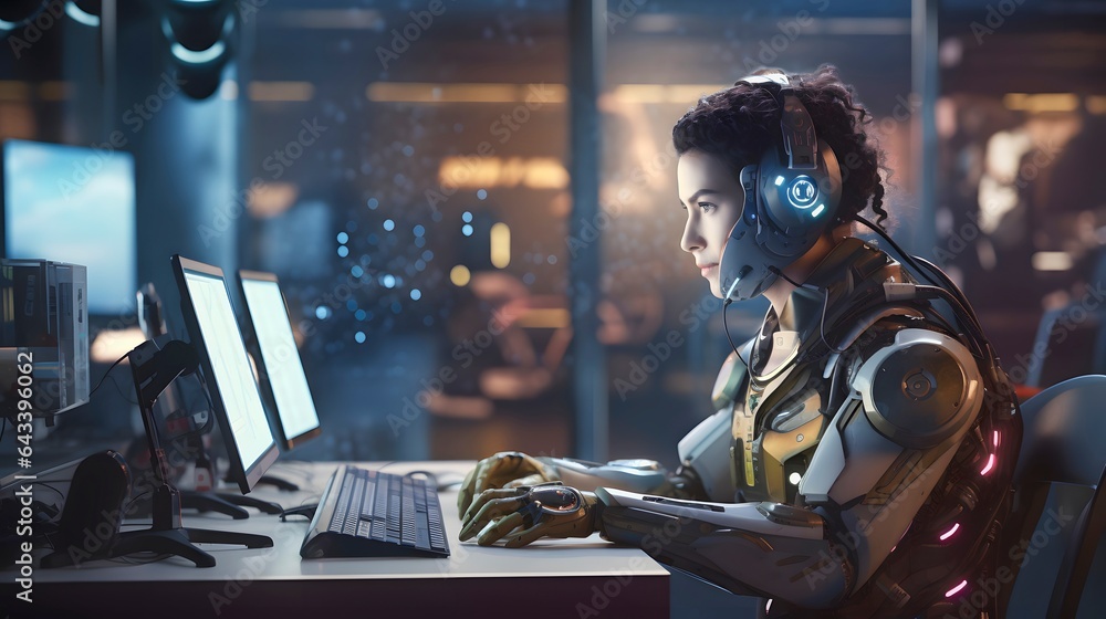 Humans and robots (AI) work on computers together in the futuristic business office. The future trend of cooperation of robotic and colleagues people. Generative AI Humans and robots (AI) work on computers together in the futuristic business office. The future trend of cooperation of robotic and colleagues people. Generative AI
