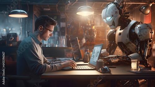 Humans and robots (AI) work on computers together in the futuristic business office. The future trend of cooperation of robotic and colleagues people. Generative AI