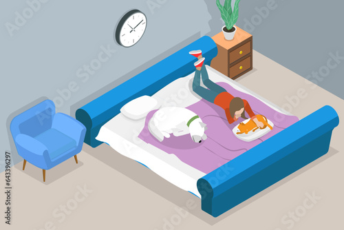 3D Isometric Flat Vector Conceptual Illustration of Rest With Pets, Comfort and Coziness in House