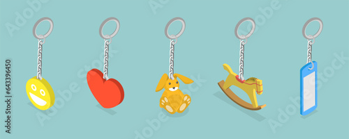 3D Isometric Flat Vector Set of Keychains, Breloques or Trinkets