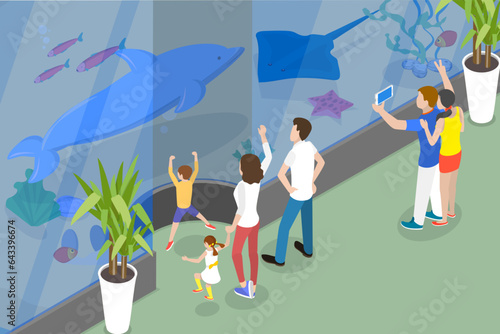 3D Isometric Flat Vector Conceptual Illustration of Aquarium, Parents and Kids Spending Time Togeather