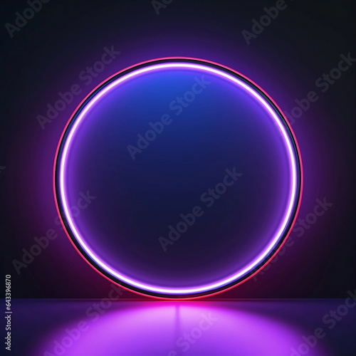 abstract glossy button circle in neon light, perspective angle, dark background created with generative ai