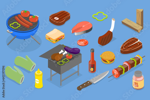 3D Isometric Flat Vector Set of Barbecue, BBQ and Meat Grilling
