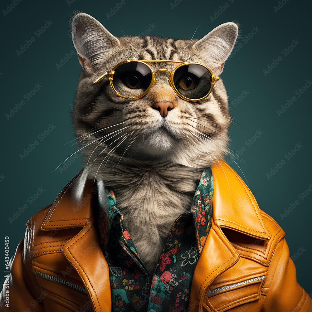 A Cat With Gold Glasses Wearing Floral Shirt And Leather Jacket