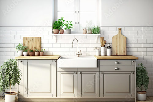 Realistic front view of blank wooden kitchen countertop with washing sink and faucet, white marble wall tiles, grey theme storage cabinet set, and houseplants. Generative AI
