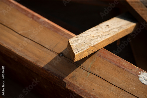 Wooden planks in the boat. Close-up view.