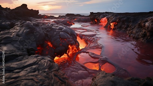 Magma pours from a volcano, resembling molten metal rivers 