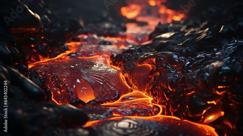 Magma pours from a volcano, resembling molten metal rivers 