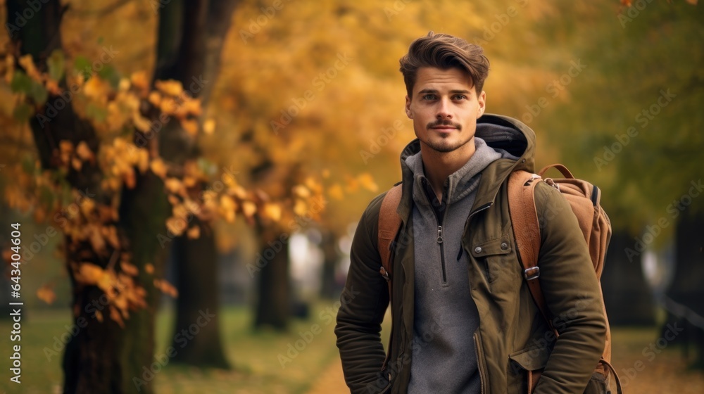 a portrait of a young handsome model man walking in a park with a jacket. yellow leaves falling from trees. blurry background. 16:9. Generative AI