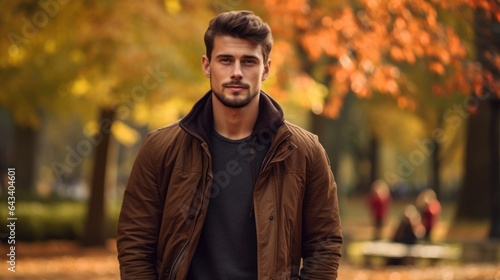 a portrait of a young handsome model man walking in a park with a jacket. yellow leaves falling from trees. blurry background. 16:9. Generative AI