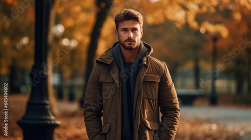 a portrait of a young handsome model man walking in a park with a jacket. yellow leaves falling from trees. blurry background. 16:9. Generative AI © SayLi