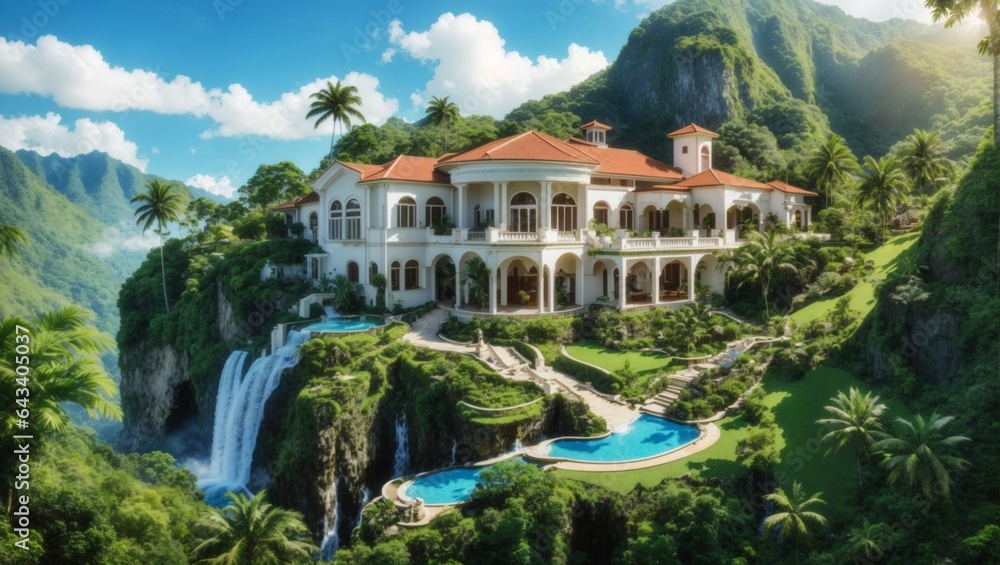 Lavish mansion set in a tropical landscape with waterfall, mountains, blue sky and white clouds. AI generated. Wealthy home in a mountainside.