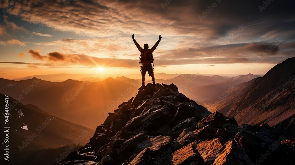 Mountain climber reaching the summit with arms raised triumphantly 
