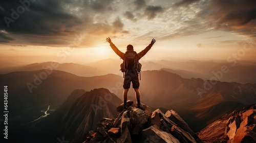 Mountain climber reaching the summit with arms raised triumphantly   © Halim Karya Art