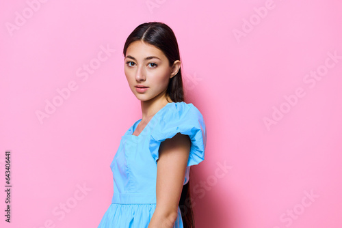 woman dress style fashion beautiful pink warm young blue model studio
