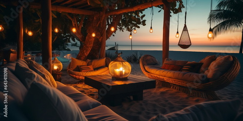 cozy Luxury resort, evening beach, candles blurred light on table ,sofa, hammock on front sunset sea ,tropical plan and palm