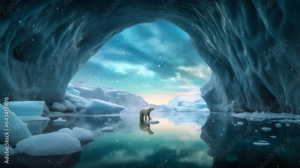 a scenic view from ice cave in north pole at the night, clear river in the cave, lake and night sky with stars and aurora, aurora, polar bear at the lake, reflection, dramatic light and shadows - obrazy, fototapety, plakaty 