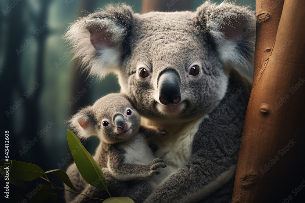 Generative AI Image of Mother Koala Holding Baby Koala in Eucalyptus Tree