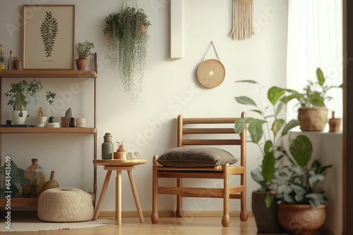 A boho-chic Korean home with a podium, chair, wooden shelf, and gorgeous decorations. minimalist interior. inner geometry. Generative AI © Sona