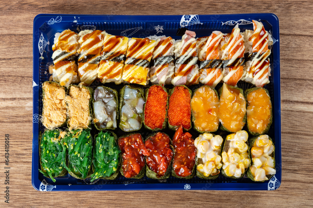 top view various sushi vertical composition top view various sushi vertical composition