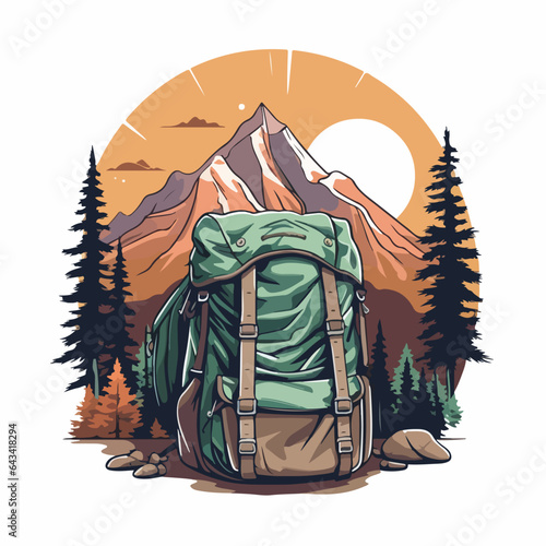vintage retro big camping backpack in pine forest logo badge vector illustration